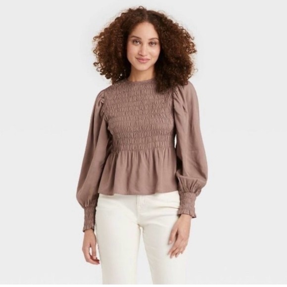 A New Day Brown Smocked Puff Sleeve Blouse - Picture 1 of 5